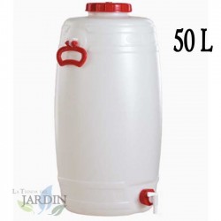 Fût Bidon 50 litres en polyéthylène alimentaire pour liquides et boissons, avec robinet, incolore, 33x69 cm