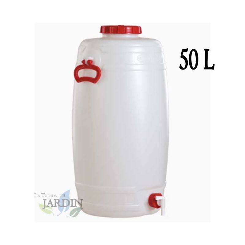 Fût Bidon 50 litres en polyéthylène alimentaire pour liquides et boissons, avec robinet, incolore, 33x69 cm