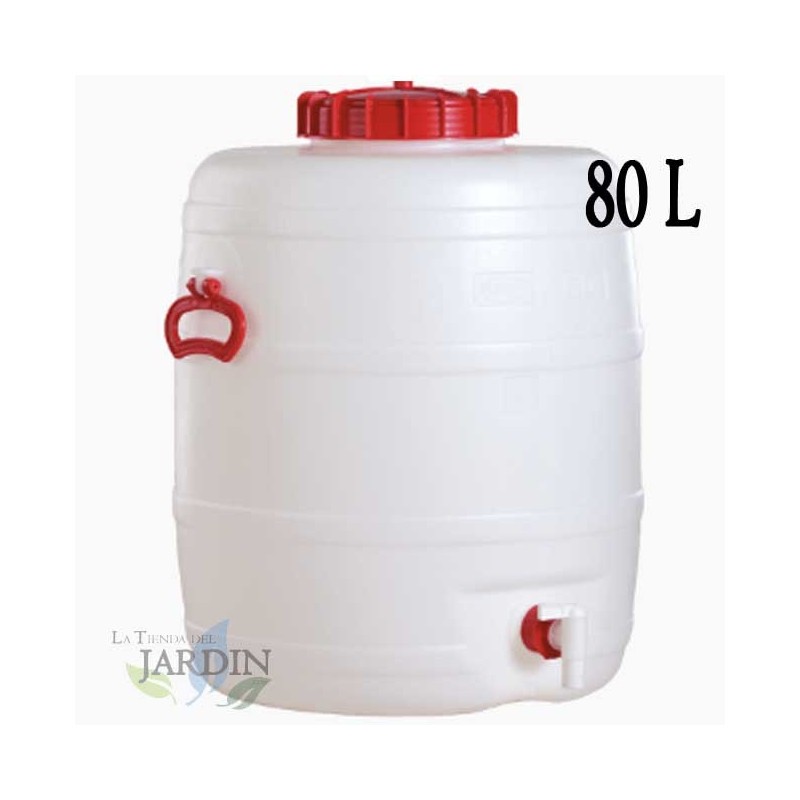 Fût Bidon 80 litres en polyéthylène alimentaire pour liquides et boissons, avec robinet, incolore, 48x63 cm