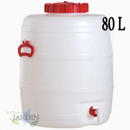 Fût Bidon 80 litres en polyéthylène alimentaire pour liquides et boissons, avec robinet, incolore, 48x63 cm