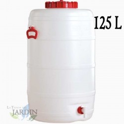 Fût Bidon 125 litres en polyéthylène alimentaire pour liquides et boissons, avec robinet, incolore, 48x85 cm