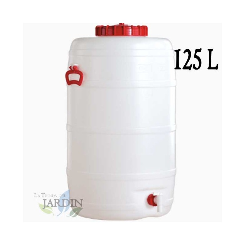 Fût Bidon 125 litres en polyéthylène alimentaire pour liquides et boissons, avec robinet, incolore, 48x85 cm