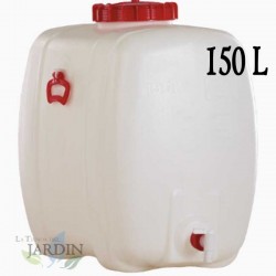 Fût Bidon 150 litres en polyéthylène alimentaire pour liquides et boissons, avec robinet, incolore, 68x47x71 cm