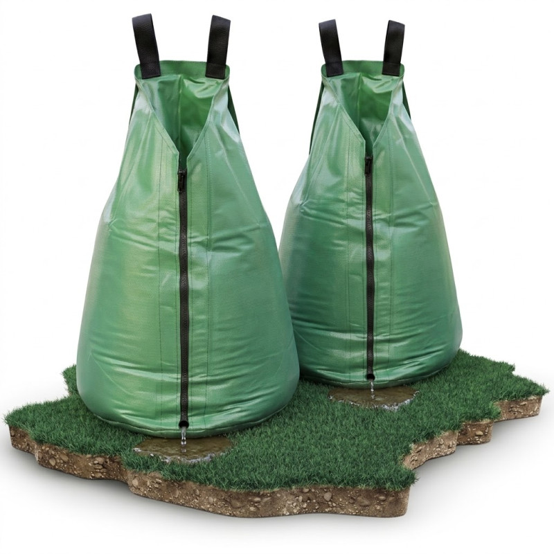 Saco para Irrigação de Árvores 95L - 25 Galões | Pacote com 2 Sacos de Água em PVC Verde | Irrigação por Gotejamento Lento | Res