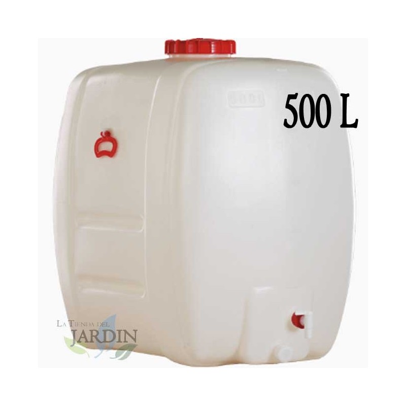 Fût Bidon 500 litres en polyéthylène alimentaire pour liquides et boissons, avec robinet, incolore, 105x70x101 cm