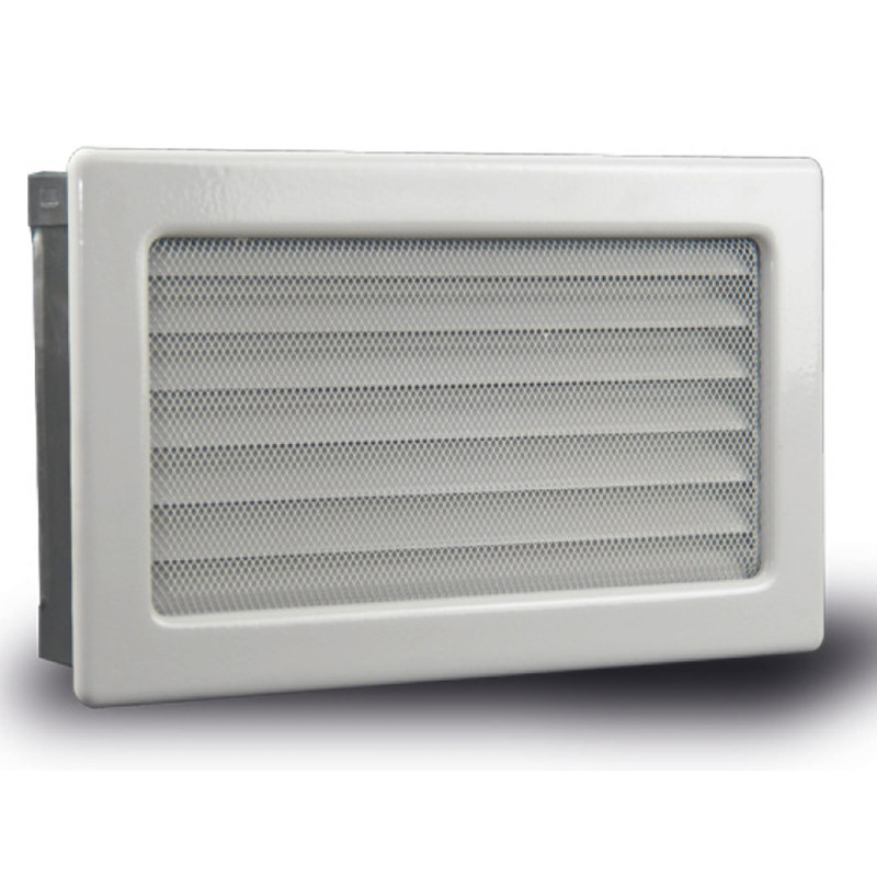 Grille de ventilation fixe avec cadre blanc, lamelles et maille 30 x 17 cm | Conduits et air Grille de ventilation fixe avec cadre blanc, lamelles et maille 30 x 17 cm | Conduits et air