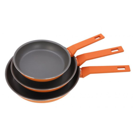 Set of 3 Aluminum Frying Pans | Orange Frying Pan for All Types of Stoves 20cm - 24cm - 28cm | Non-Stick Coating