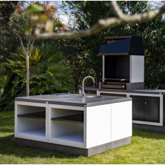 Einbau-Grillmodul mit Spülbecken, Kitaway 84 x 63 x 85 cm | Weiß/Schwarzer Sockel für den Gartengrill