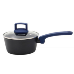 Casserole en aluminium avec couvercle en verre Ø 16 cm | Casserole bleue avec revêtement antiadhésif effet pierre | Profondeur 7
