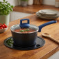Aluminum Saucepan with Glass Lid Ø16 cm | Blue Pot with Non-Stick Stone Effect Coating | Depth 7.5 cm