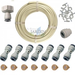 Nebelset 10 Meter. Inklusive 3/8-Zoll-Rohr + 7 automatische T-Stücke + 7 Düsen + 1 Stopfen + 1 3/4-Zoll-auf 3/8-Zoll-Wasserhahna