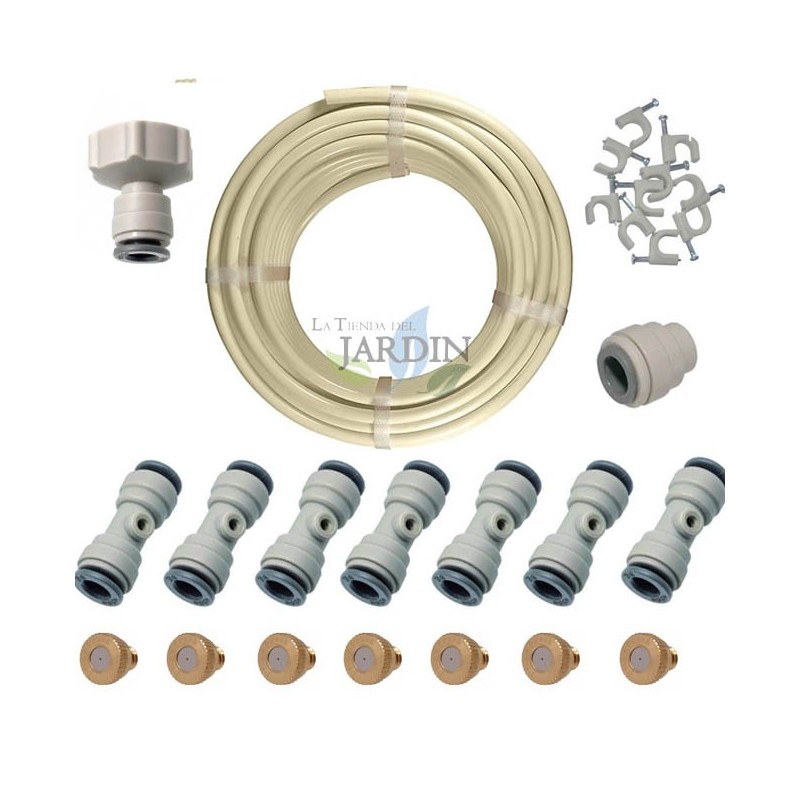Nebelset 10 Meter. Inklusive 3/8-Zoll-Rohr + 7 automatische T-Stücke + 7 Düsen + 1 Stopfen + 1 3/4-Zoll-auf 3/8-Zoll-Wasserhahna Nebelset 10 Meter. Inklusive 3/8-Zoll-Rohr + 7 automatische T-Stücke + 7 Düsen + 1 Stopfen + 1 3/4-Zoll-auf 3/8-Zoll-Wasserhahna