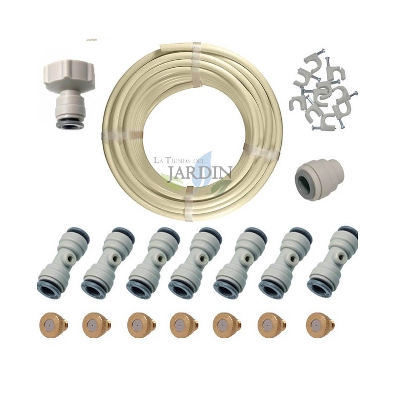 Kit di nebulizzazione da 10 metri. Include tubo da 3/8", 7 raccordi a T automatici, 7 ugelli, 1 tappo e adattatore per rubinetto