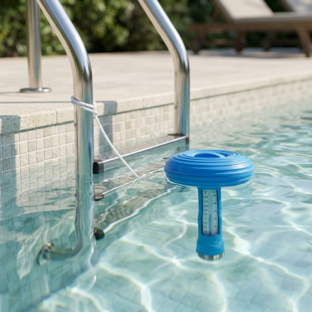 Termómetro flotante para piscina, diseño cilíndrico, escala en Celsius y Fahrenheit, con cordón para fijarlo a la escalera
