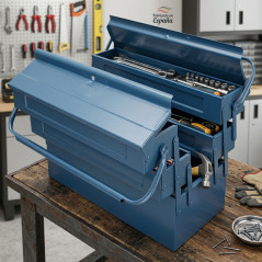Caixa de ferramentas de metal com 5 compartimentos, 43x20x21 cm, ideal para organização e armazenamento eficiente de ferramentas