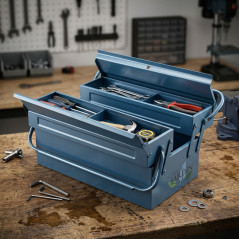 Boîte à outils vide bleu grand 3 compartiments caisse à outils mallette à outils coffre de rangement outillage 40x20x16cm garage