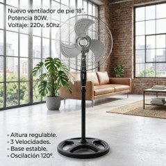 Ventilateur sur pied 18'' avec 3 vitesses et hauteur réglable