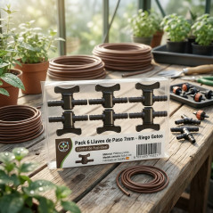 Pacote com 6 torneiras de irrigação por gotejamento de 7 mm, ideais para controlar o fluxo de água.