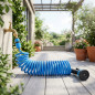 Blauer Spiral-Gartenschlauch 15 m | Dehnbarer Schlauch | Mehrfach verstellbare Gießkanone | Gartenbewässerung
