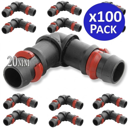 Pack 100 x 20MM DRIP ELBOW with SAFETY RING.  Union for irrigation tube 20 mm.  Black color.