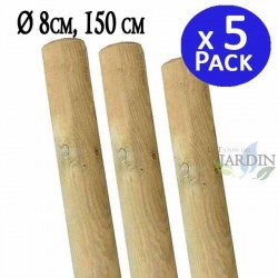 Lot de 5 Tuteur en bois 150 cm Ø 8 cm | Tuteurs sans Pointe | Poteaux en Bois | Piquets de Fixation | Piquets de Jardin