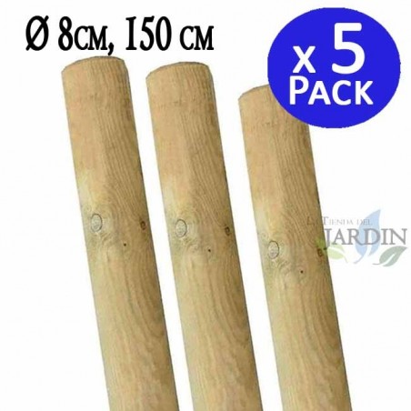 Set di 5 Tutore in Legno 150 cm, diametro 8 cm. Palo in legno tondo senza punta, palizzata, picchetto di fissaggio