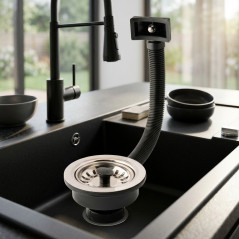115mm Sink Valve with Stem and Overflow, Black | Sink Drain Valve
