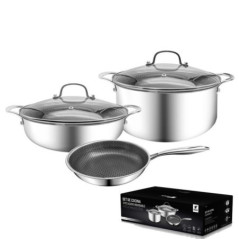 Set de Cocina 5 Piezas | Acero Inoxidable + Cristal | Sartén, 2 Cacerolas y 2 Tapaderas | Antiadherente | Inducción