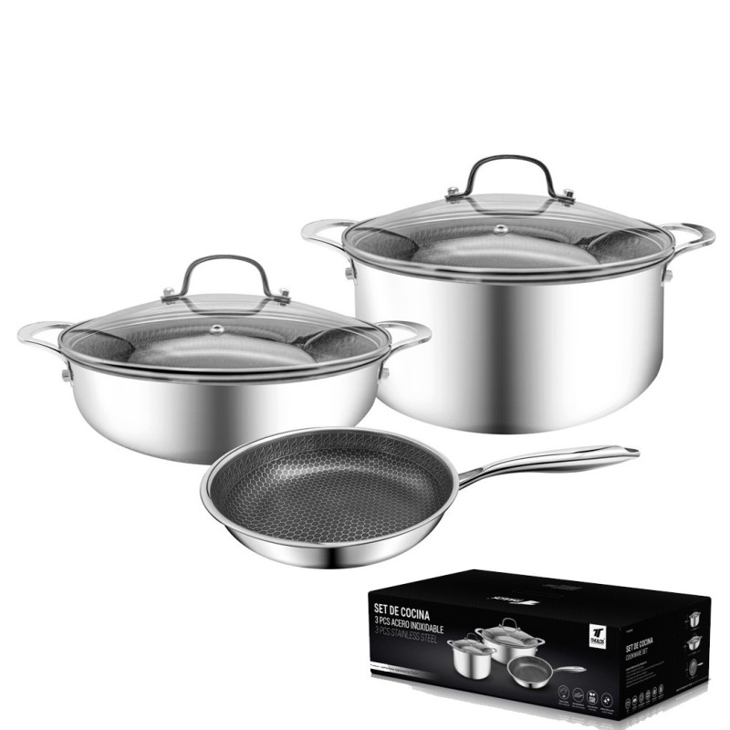 Set de Cocina 5 Piezas | Acero Inoxidable + Cristal | Sartén, 2 Cacerolas y 2 Tapaderas | Antiadherente | Inducción