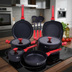 Batterie de cuisine 12 pièces | Poêles, casseroles, poêle à griller, couvercles et ustensiles | Antiadhésif | Compatible inducti