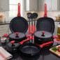 Batterie de cuisine 12 pièces | Poêles, casseroles, poêle à griller, couvercles et ustensiles | Antiadhésif | Compatible inducti