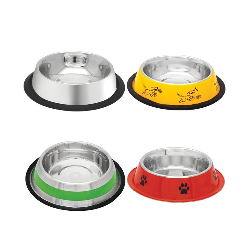Tigela para comida e água para cães e gatos. Prato de aço inoxidável com borracha antiderrapante. Disponível em vários tamanhos.
