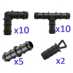 Drip Irrigation Pack 16mm: 10 te + 10 elbow + 5 link + 2 cap. 