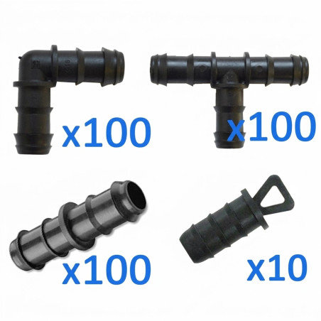 Pack Riego por goteo 16mm: 100 te + 100 codo + 100 enlace + 10 tapón. Color negro