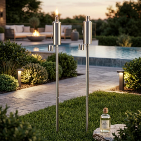 Set di 2 Torce da Giardino in Acciaio Inossidabile 115 cm - Durano tutta la notte - Chiusura Antileak