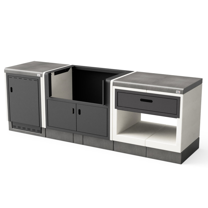 Estrutura Kitaway em concreto e aço para churrasqueira, 243x63x85 cm | Módulos laterais com design modular Estrutura Kitaway em concreto e aço para churrasqueira, 243x63x85 cm | Módulos laterais com design modular