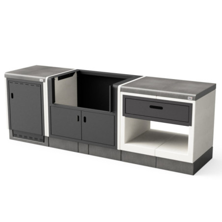 Struttura Kitaway in cemento e acciaio per barbecue, dimensioni 243x63x85 cm | Moduli laterali modulari