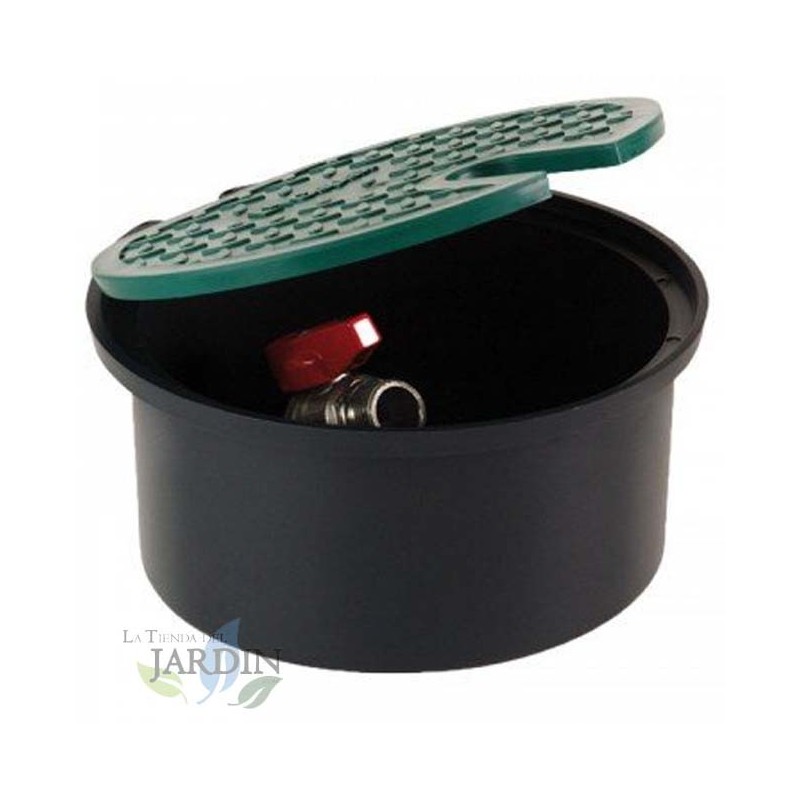 Arqueta de riego circular con grifo 3/4'', tapa de 20 cm, altura 11,5 cm y base 18,5 cm. Incluye válvula manual 3/4'' Arqueta de riego circular con grifo 3/4'', tapa de 20 cm, altura 11,5 cm y base 18,5 cm. Incluye válvula manual 3/4''