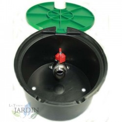 Pozzetto di Irrigazione Rotonda in Plastica 20 cm con Rubinetto 3/4'', Coperchio 20 cm. Altezza 11,5 cm, base 18,5 cm