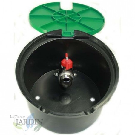 Pozzetto di Irrigazione Rotonda in Plastica 20 cm con Rubinetto 3/4'', Coperchio 20 cm. Altezza 11,5 cm, base 18,5 cm