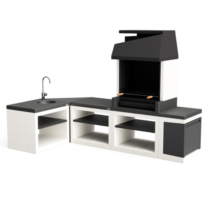 Kitaway 273x147x192 cm con barbecue integrato, modulo lavello, modulo pattumiera, modulo angolare e modulo banco da lavoro. Kitaway 273x147x192 cm con barbecue integrato, modulo lavello, modulo pattumiera, modulo angolare e modulo banco da lavoro.