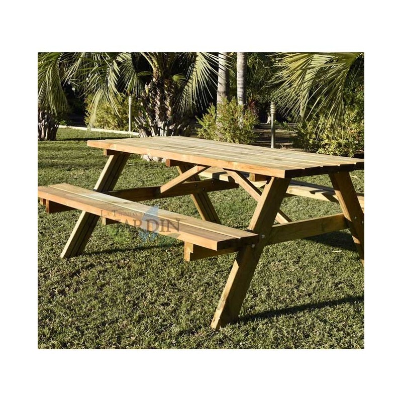 Table de Pique-Nique extérieur en bois traité 177x152x71 cm, deux bancs pliants, 6 à 8 adultes