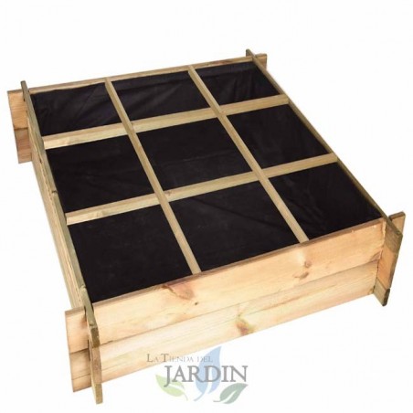 Horta urbana de madeira, 104x104x24 cm, com 9 compartimentos. Ideal para cultivar uma horta familiar em casa.