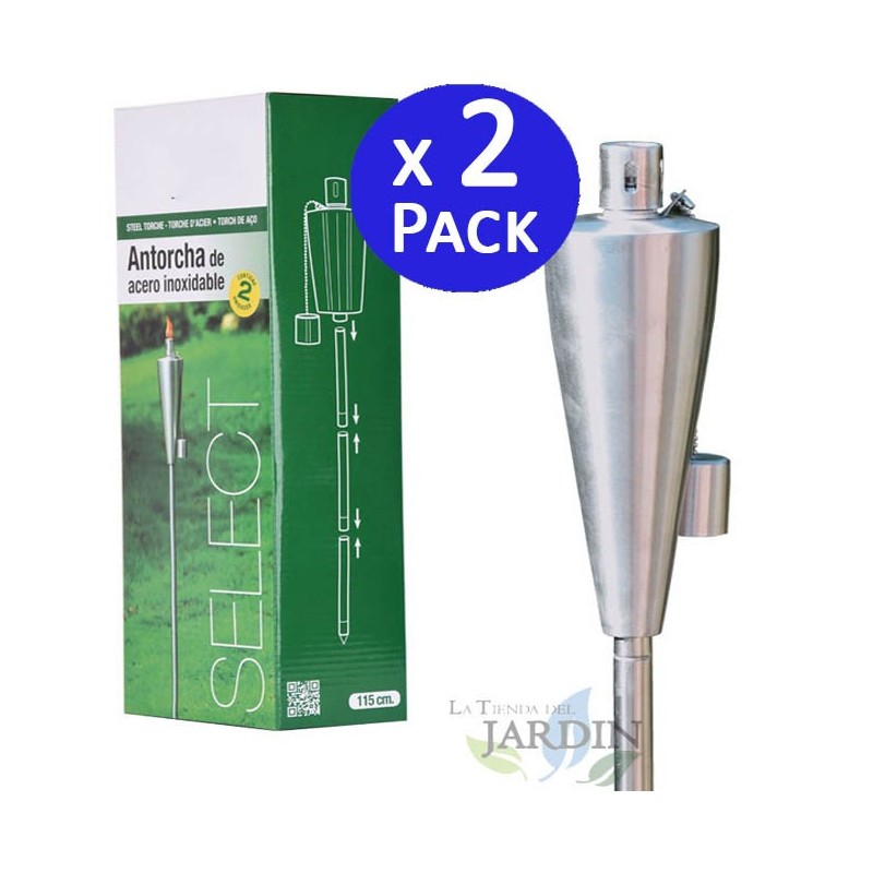 Lot de 2 Torches de Jardin en Acier Inox 115 cm - Durent toute la Nuit - Fermeture Anti-fuite