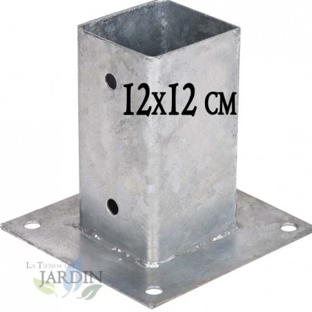 Anclaje cuadrado metálico 12x12 cm, base 17,5x17,5 cm. Ideal para postes de madera.