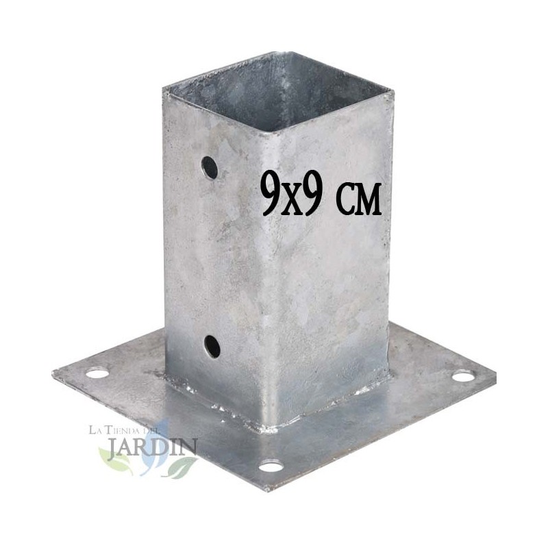 Ancrage métallique carré 9x9 cm, base 15x15 cm Support d'ancrage à Visser pour Poteau pour Béton, Clôtures, Gazebos