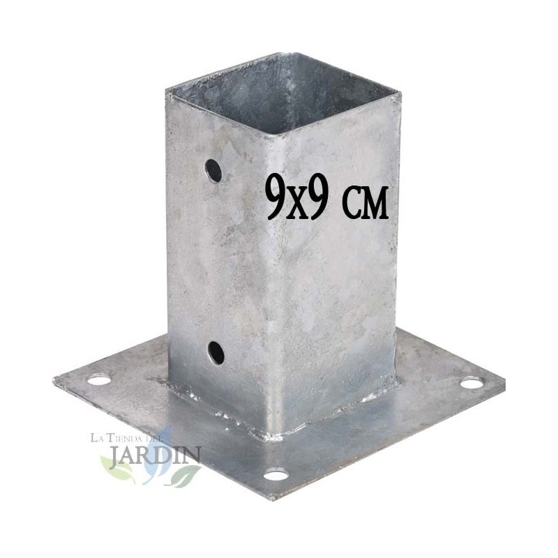 Anclaje cuadrado metálico 9x9 cm, base 15x15 cm. Ideal para postes de madera.