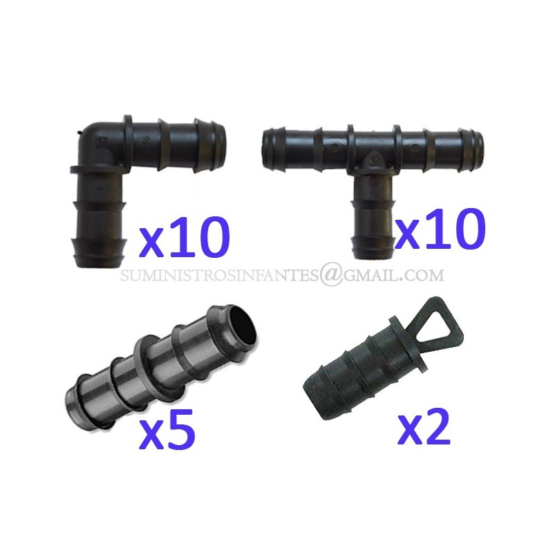 Pack Accesorios para Tuberia Riego por Goteo 16 mm negro: 10 Te + 10 Codo + 5 Enlace + 2 Tapón Pack Accesorios para Tuberia Riego por Goteo 16 mm negro: 10 Te + 10 Codo + 5 Enlace + 2 Tapón