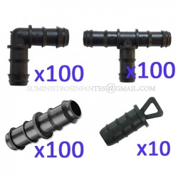 Pack Riego por goteo 16mm: 100 te + 100 codo + 100 enlace + 10 tapón. Color negro
