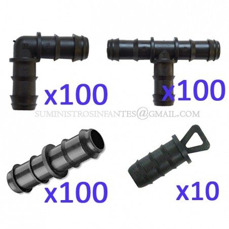 Pack Riego por goteo 16mm: 100 te + 100 codo + 100 enlace + 10 tapón. Color negro